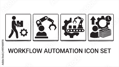 Workflow automation icon set with person robot and conveyor belt