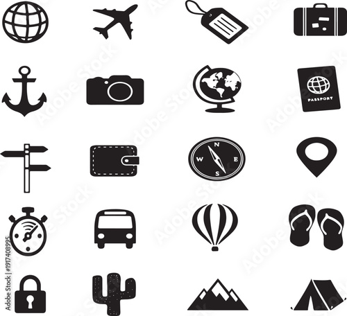 Collection of black and white travel and adventure icons
