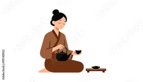 Serene woman in traditional attire performing a tea ceremony