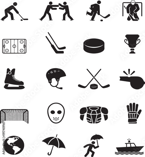 Illustrations of hockey equipment and actions for a sports team presentation