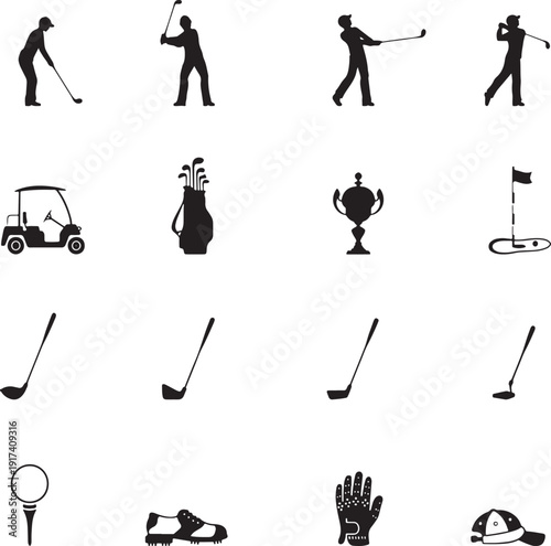 Golfing equipment and activities depicted in a variety of icons and illustrations
