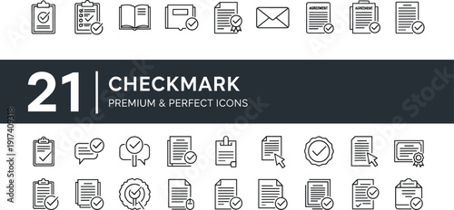21 Checkmark and Document Icon Set Featuring Approved Agreements, Verified Contracts, Completed Checklists, and Validated Paperwork Symbols for Business, Legal, and Admin Use