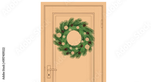 A festive Christmas wreath adorns a cream-colored door with a shiny doorknob and decorative trim, a classic holiday door decoration.