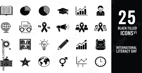 25 International Literacy Day Icon Set Featuring Education Statistics, Books, Global Awareness Ribbons, and School Symbols for Nonprofits, Social Media, and Academic Infographics