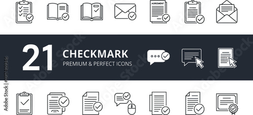 21 Checkmark Icon Set Featuring Document Validation, Approved Agreements, Completed Tasks, Success Verification, Quality Control, Certified Papers, and Message Confirmation Vector Symbols