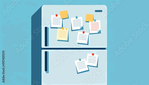 A simplified illustration of a light blue refrigerator with various notes and sticky notes attached