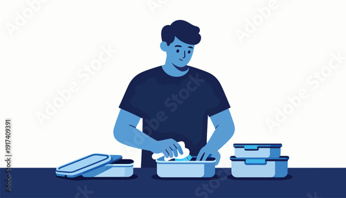 Man cleaning food containers with a sponge on a table