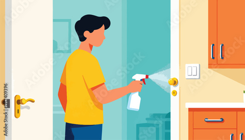 Person sprays disinfectant on a door handle to clean