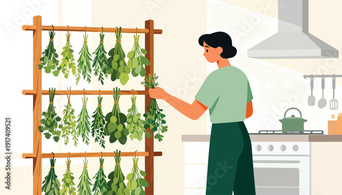 Person harvesting herbs drying on a wooden rack in a kitchen