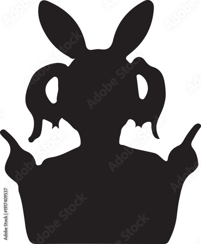 Silhouette of a cartoon character with bunny ears and rude hand gesture