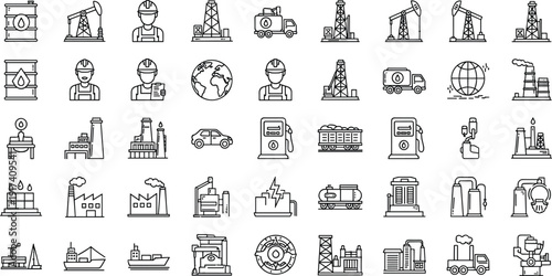 Oil and gas industry line icons set, refinery drilling energy production transportation outline vector collection