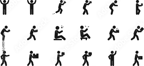 Black Stick Figure Pictogram Icon Set Representing Various Actions Including Carrying Boxes, Drinking, Sitting, Walking, Waving, and Manual Labor for Instructional Signage