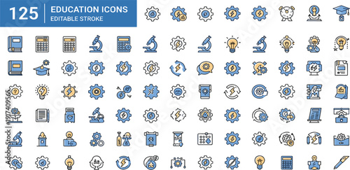 125 Education and STEM Innovation Icon Set Featuring Science, Engineering Gears, Electric Energy Symbols, and Academic Tools for Technical Training, Apps, and E-learning Websites