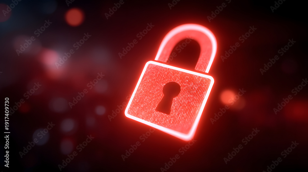 Fototapeta premium Neon Lock Icon Cybersecurity Protection Data Privacy and Secure Digital Network Concept Scene
