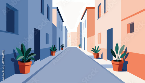 A tranquil street scene with potted plants and houses