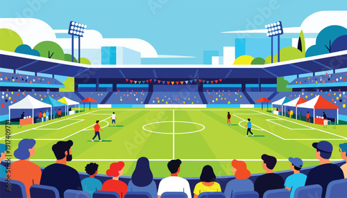 Spectators watch a soccer match in a stadium with colorful tents and green field