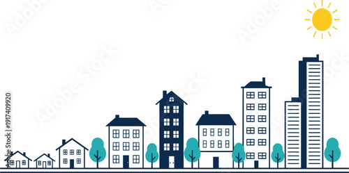 City Skyline Urban Landscape Illustration with Residential Houses, Modern Buildings, Trees, and Sun for Real Estate, Architecture, and Town Background Vector Design