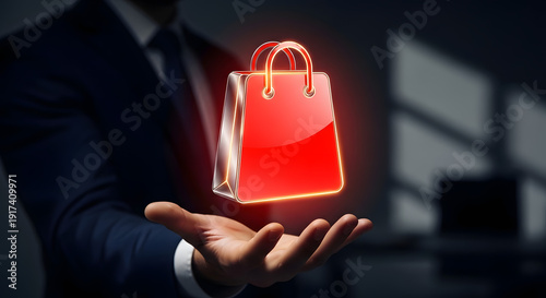 A hand holds a vibrant, glowing red shopping bag, symbolizing a successful or exclusive purchase.