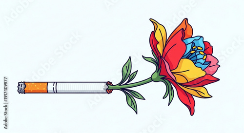 Vibrant multicolored rose with stem tied to cigarette symbolizing contrast between nature and smoking