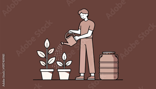 Person watering plants from a large container with a watering can