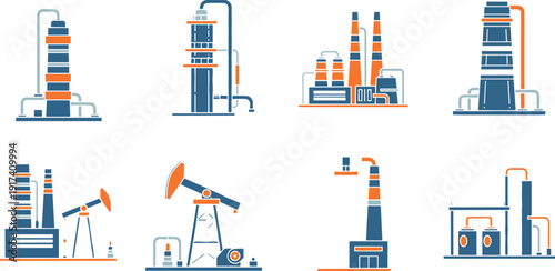 Oil refinery and petrochemical industry icons set, factory plant pumpjack energy production isolated vector illustration collection