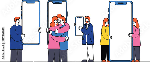 Conceptual Flat Illustration of People Hugging Giant Smartphones Representing Social Media Addiction Mobile Connection Digital Marketing and Communication Technology for Landing Pages