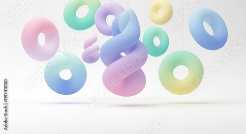 Soft pastel 3D abstract shapes floating in minimalist space