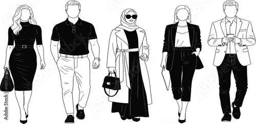 Diverse Group of Professional Men and Women Walking Set in Modern Business Attire Featuring a Hijabi Woman, Corporate Fashion, and Smart Casual Outfits for Diverse Workforce Concepts