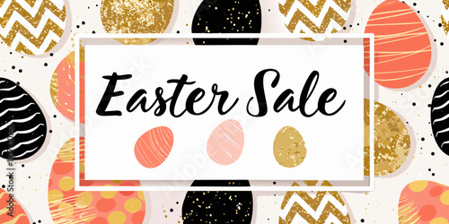 Festive easter sale announcement with colorful egg and pattern background