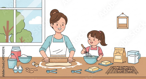 Woman and little girl baking cookies together in kitchen with aprons on surrounded by ingredients and baking tools
