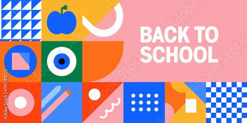 Colorful abstract geometric shapes and fruits with back to school text