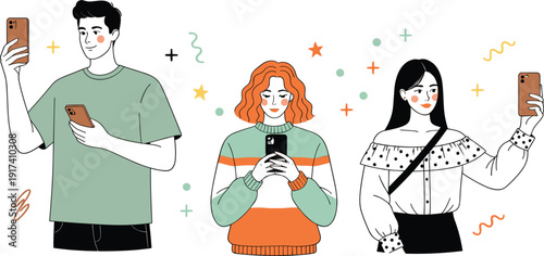 Diverse Young People Using Smartphones for Social Media Networking, Taking Selfies, and Texting Isolated on White Background with Colorful Abstract Decorative Elements