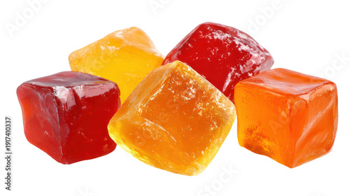 A colorful arrangement of fruit gummies on transparent background