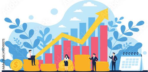 Financial Growth and Business Investment Illustration with Rising Chart, Profit Increase, Revenue Analytics, and Corporate Team Planning for Economic Success Vector Design