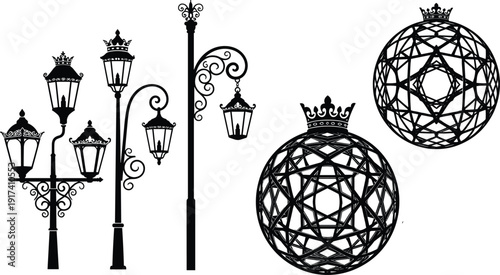 Ornate street lamp and decorative sphere silhouette set, vintage lantern posts vector illustration isolated on white background