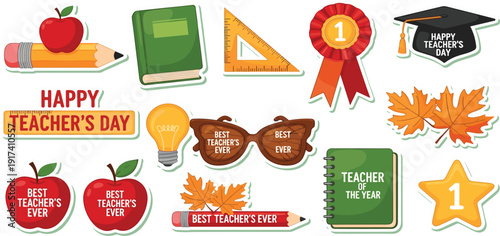 Happy Teacher's Day Sticker Set Featuring Best Teacher Ever Labels, Red Apples, Pencils, Graduation Caps, Award Ribbons, School Supplies, and Educational Appreciation Graphic Elements