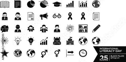 International Literacy Day Black Icon Set Featuring Education Symbols, School Supplies, Books, Students, Global Learning Graphics, and Academic Achievement Elements for Web Design
