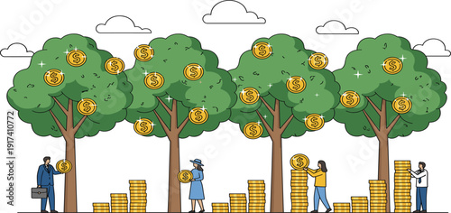 Money Tree Investment Concept Illustration with Financial Growth, Passive Income, Wealth Management, and Business Profit Strategy for Economic Success Vector Design