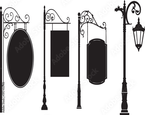 Vintage wrought iron street lamp with decorative fence and gate in retro vector illustration style