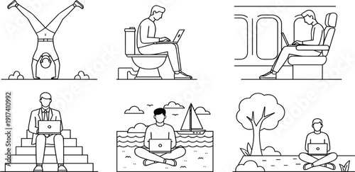 Remote Work and Digital Nomad Line Illustration Set Featuring Professionals Using Laptops in Various Locations Like Airplanes, Outdoors, at the Beach, and Unconventional Home Offices