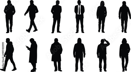 People silhouette collection, men standing and walking poses, business and casual male figures vector illustration isolated on white