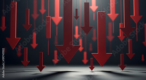 Numerous bold red arrows are descending vertically, symbolizing widespread economic downturn and market collapse.