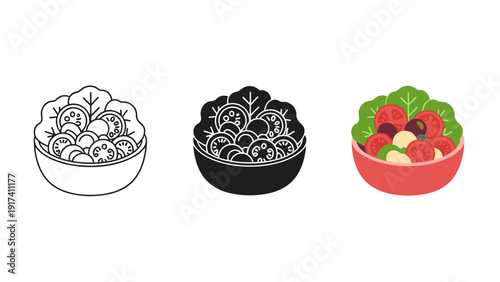 Three bowls of food in different colors and styles Vector