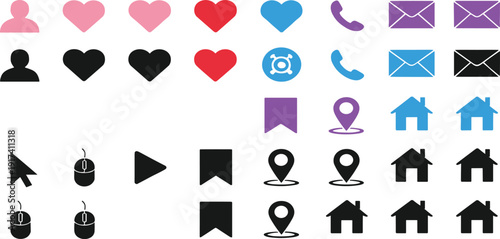 Universal Web and Social Media Icon Set Featuring Heart Likes Home Buttons Email Envelopes Location Pins and Mouse Cursors for Modern Interface Design