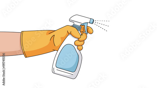 Hand wearing a yellow protective glove holding a spray bottle and dispensing a fine mist of cleaning liquid for hygiene and sanitation.