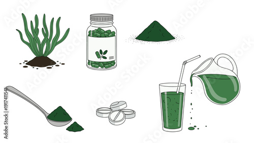 Healthy superfood supplements shown in various forms including fresh plants, powder, capsules, tablets, and a green juice.