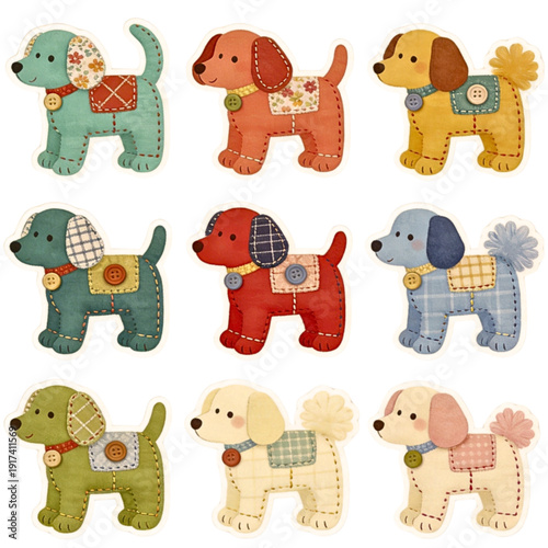 Set of  patchwork dogs – children's illustration with textile effect, copy space
