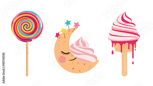 Whimsical sweets illustration featuring a colorful swirl lollipop, a sleeping moon with whipped cream, and melting ice cream.