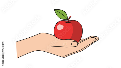 Simple illustration of a human hand holding a ripe red apple with a green leaf isolated on a white background.