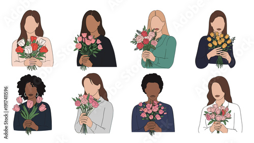 Various faceless women from different backgrounds holding beautiful bouquets of colorful flowers like roses and tulips.
